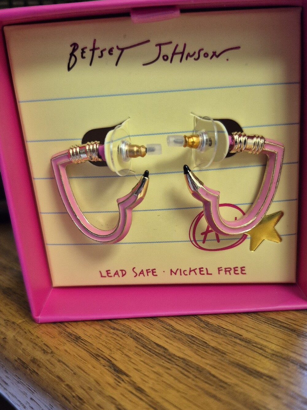 Betsey Johnson Pink Pencil Heart Huggie Hoop Earrings with Gold Accents. NEW! - Picture 3 of 4